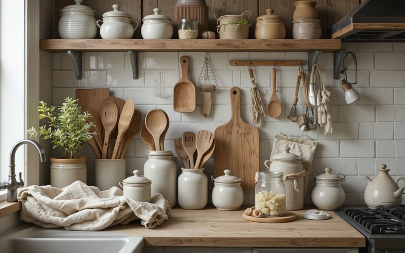 Aesthetic farmhouse decor with ceramics and natural textures.