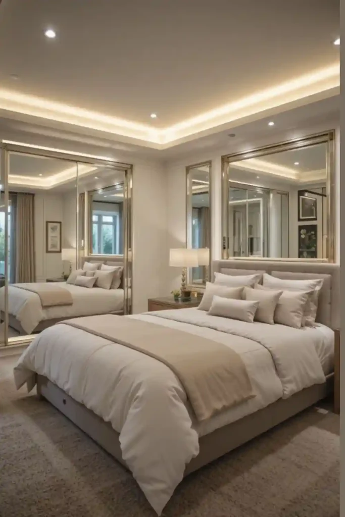 Basement bedroom ideas with bright walls and layered lighting."