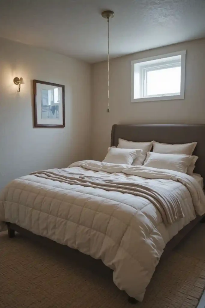 Basement bedroom ideas with comfortable and cozy bedding.