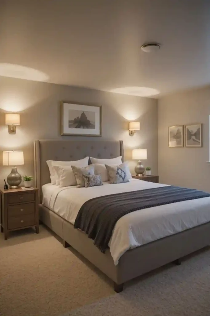 Basement bedroom ideas with cozy layered lighting