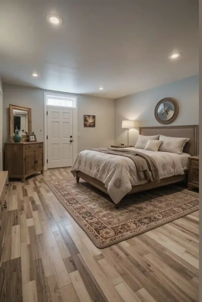 Basement bedroom ideas with stylish and cozy flooring.
