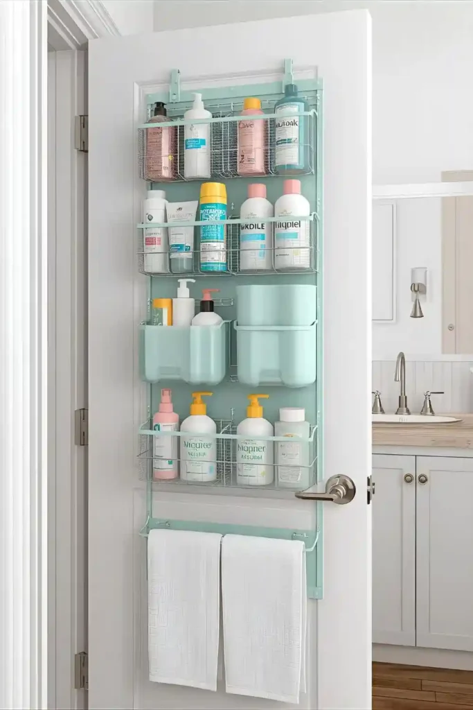 Bathroom door organizer with neatly arranged toiletries for small spaces.
