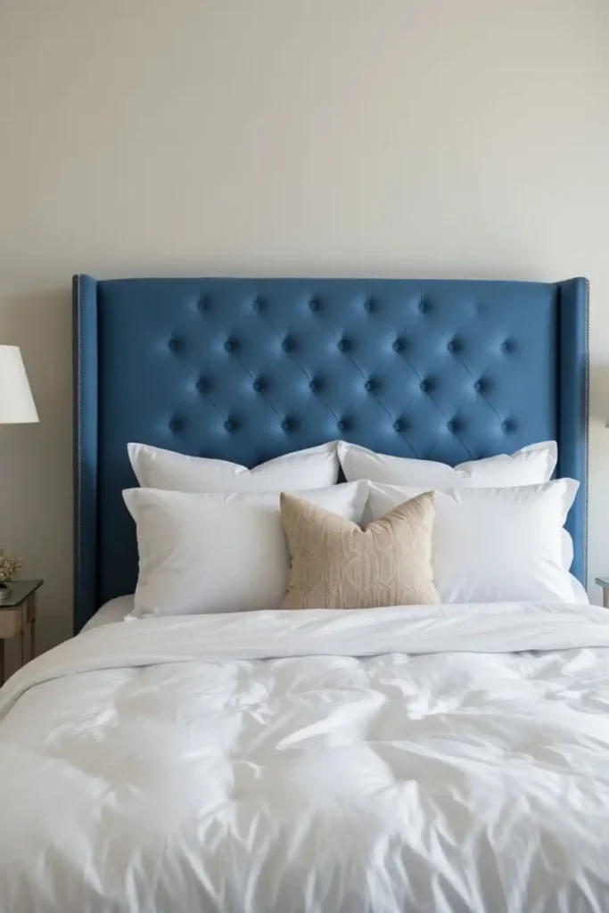 Bedroom with blue upholstered headboard and neutral decor