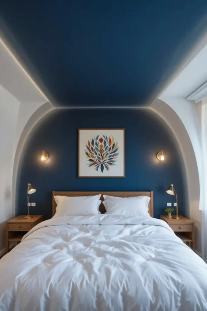 Bedroom with dark blue ceiling and soft lighting