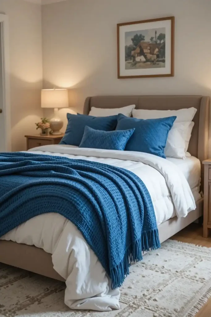 Bedroom with layered blue textiles and cozy styling