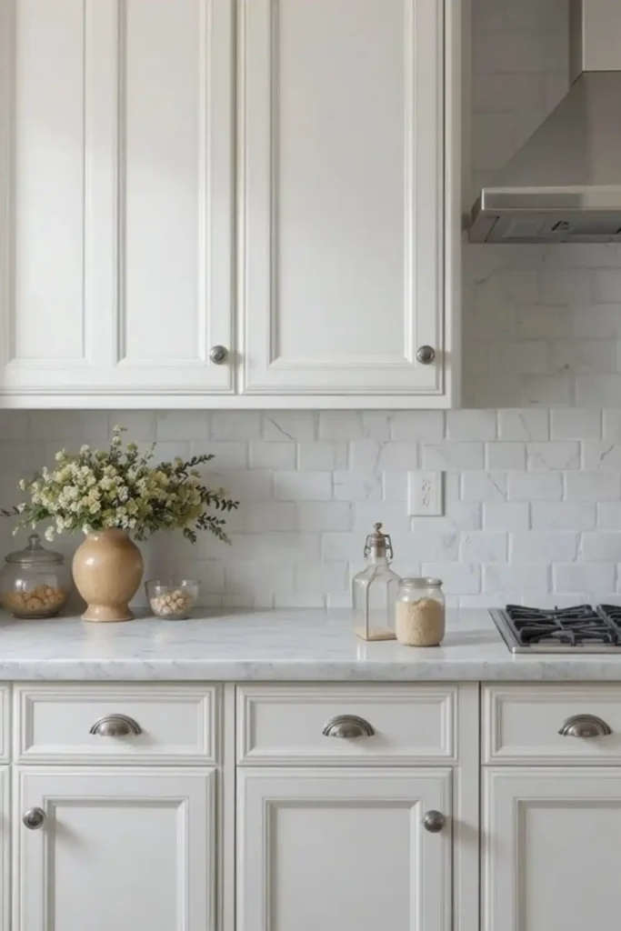 Beveled white tile backsplash with white cabinets