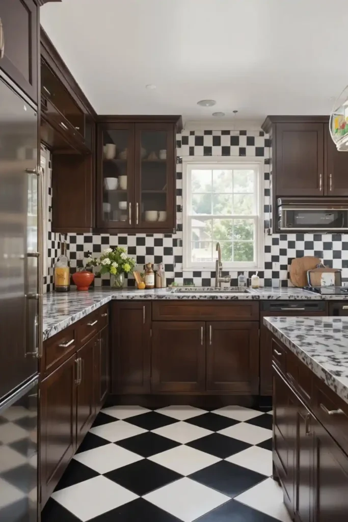 Black-and-white checkerboard backsplash with brown cabinets, retro-modern kitchen.
