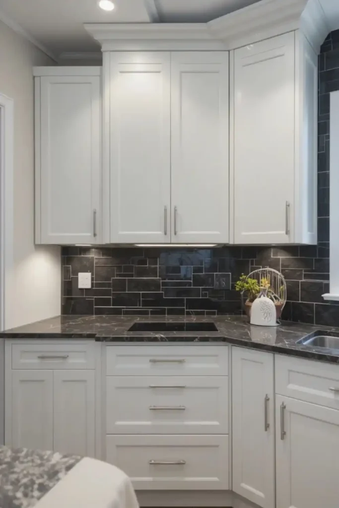 Black slate backsplash with white cabinets