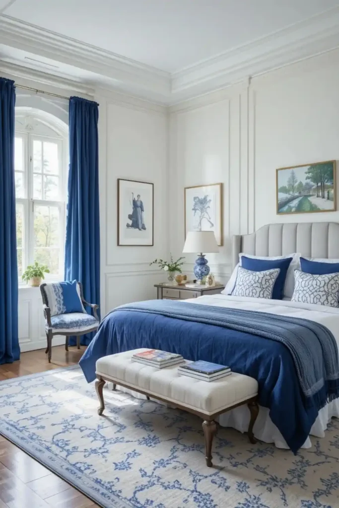 Blue and white bedroom with timeless design