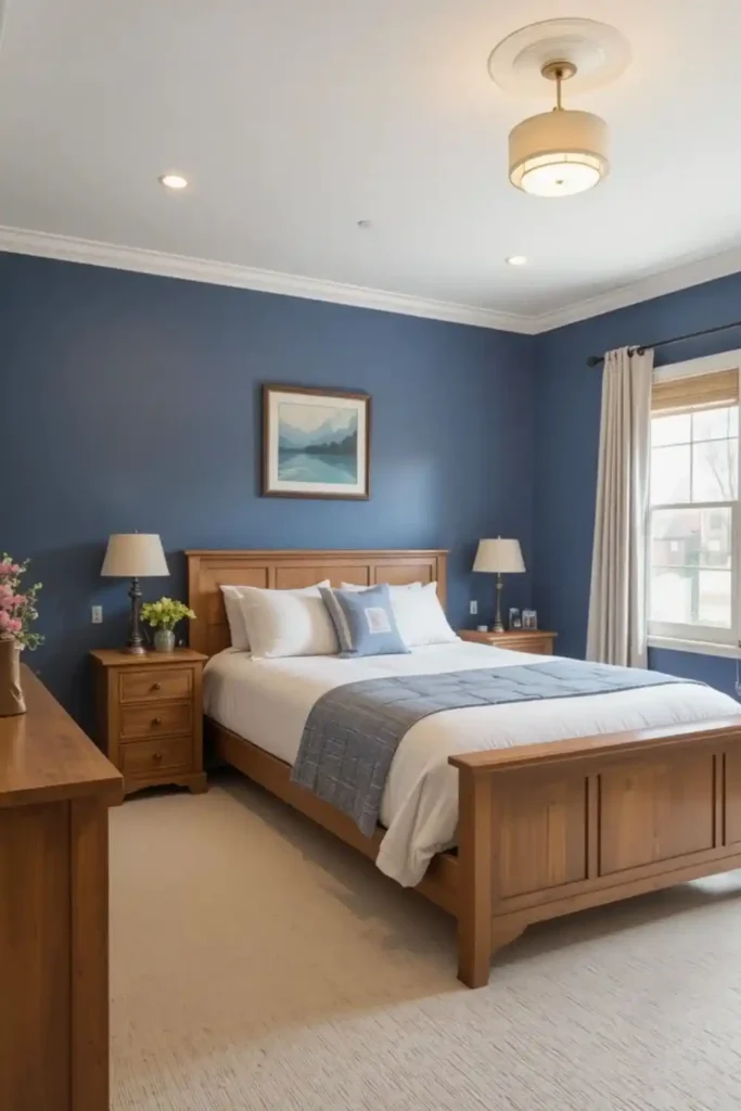 Blue bedroom paired with warm wood furniture