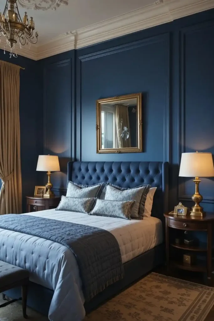 Blue bedroom with brass accents and warm lighting