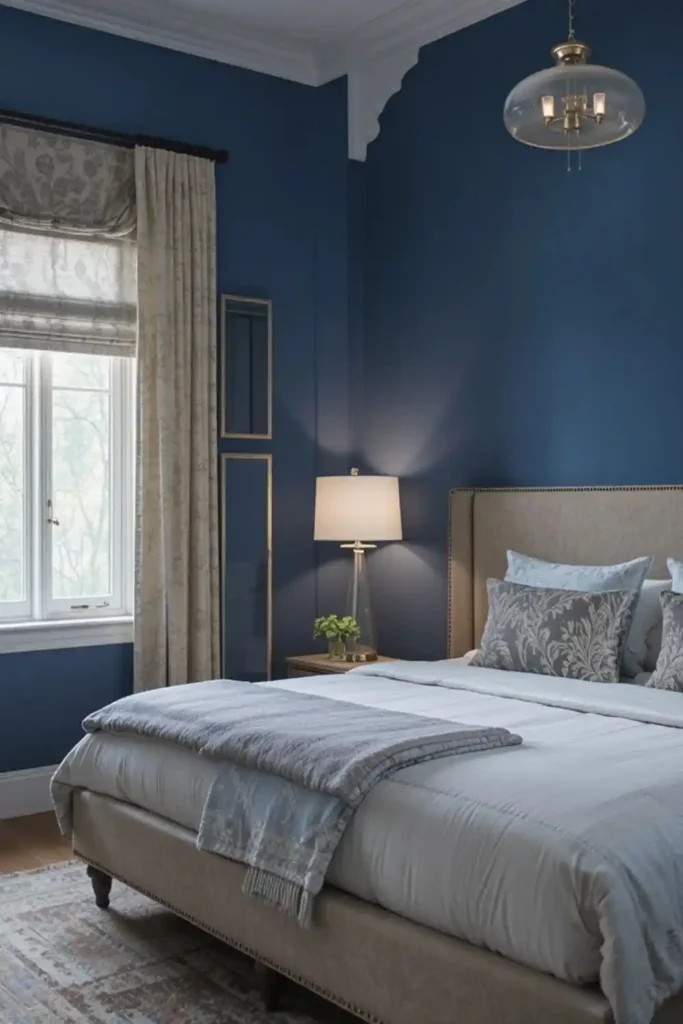 Blue bedroom with statement lighting fixtures