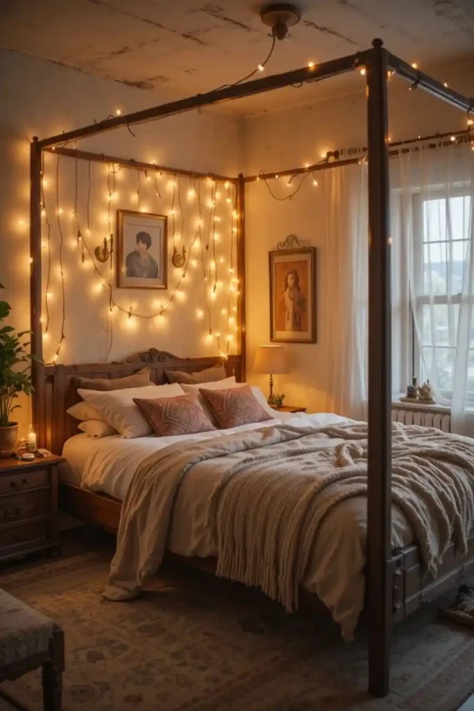Boho bedroom decorated with soft string lights