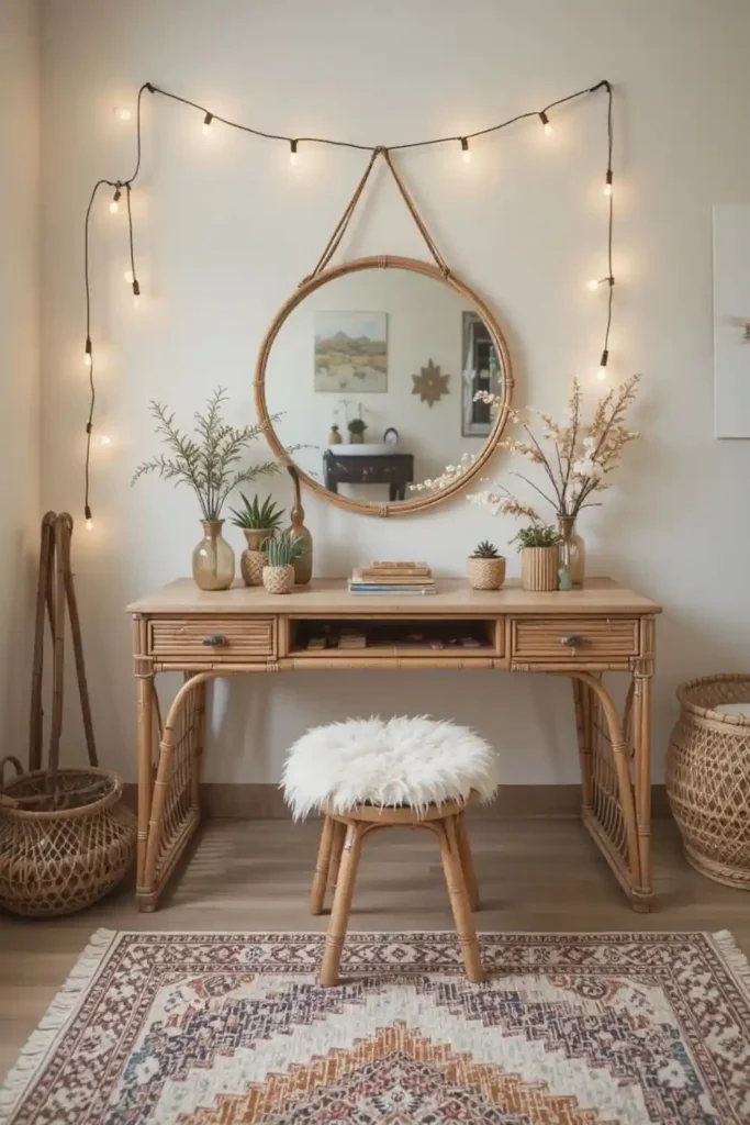 Boho-chic vanity corner with rattan elements and eclectic décor