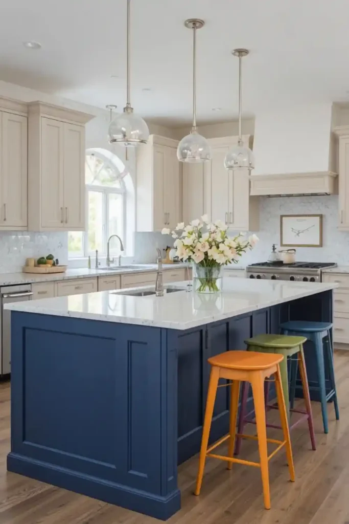 Bold color accents on a modern kitchen island