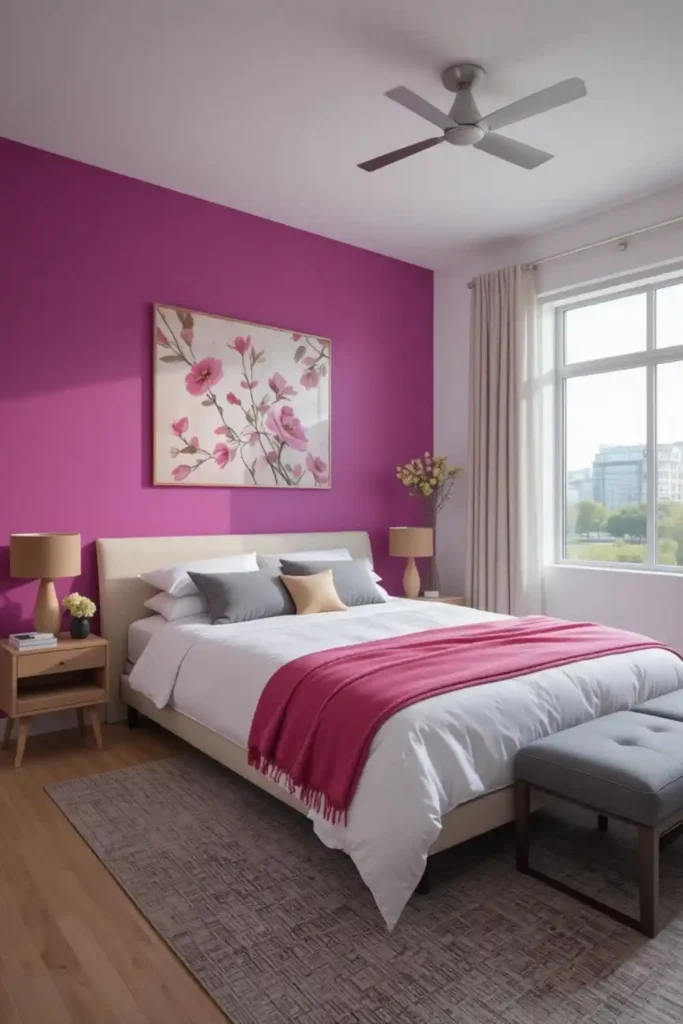 Bold fuchsia statement wall in modern pink bedroom