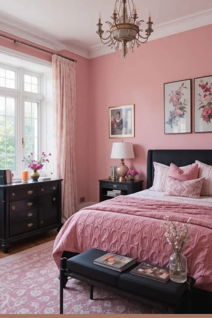 Bold pink bedroom with black contrasts for modern style