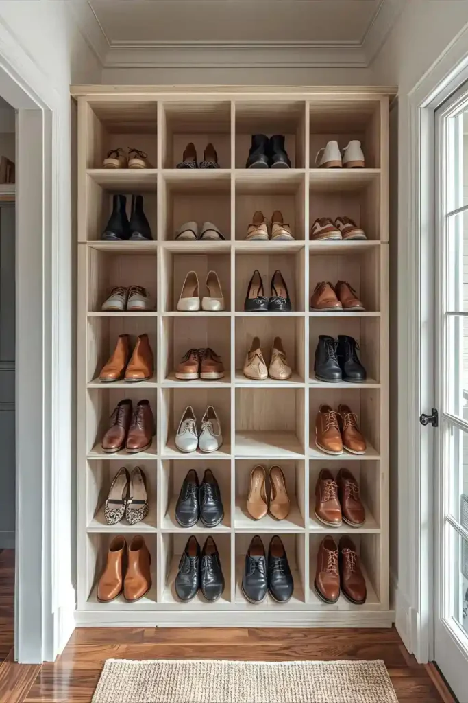 Bookshelf cubbies repurposed to store shoes neatly.