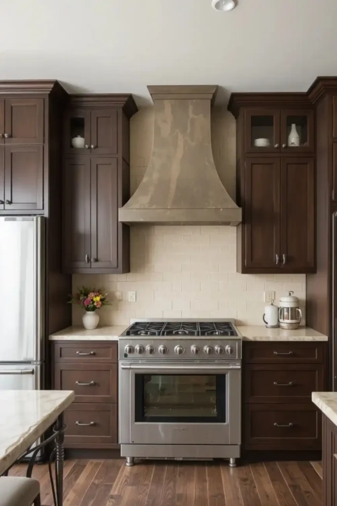 Brown cabinet kitchen with cream subway tile backsplash.