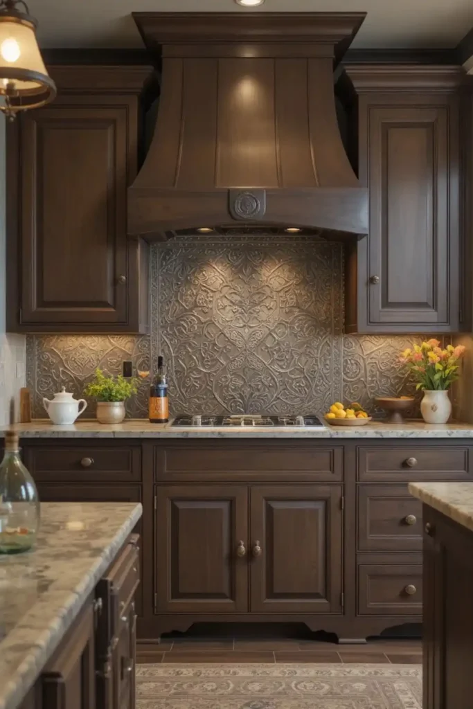 Brown cabinets with embossed vintage tin backsplash in rustic kitchen.
