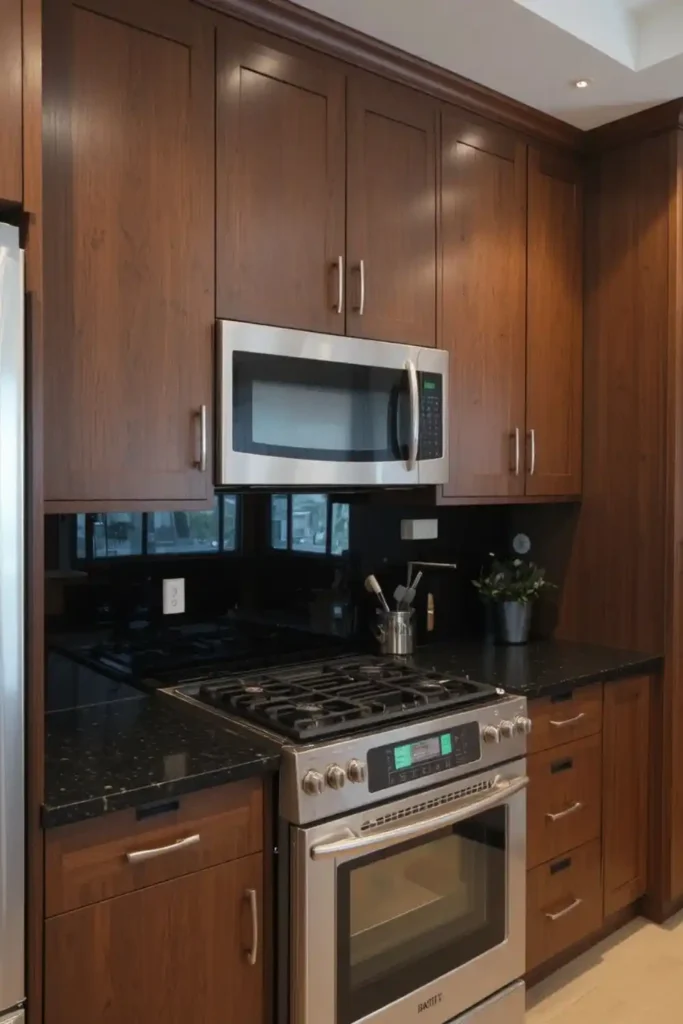 Brown cabinets with glossy black glass backsplash, modern kitchen.