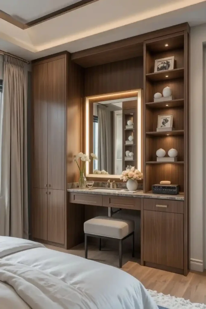 Built-in vanity nook with custom storage and lighting in bedroom