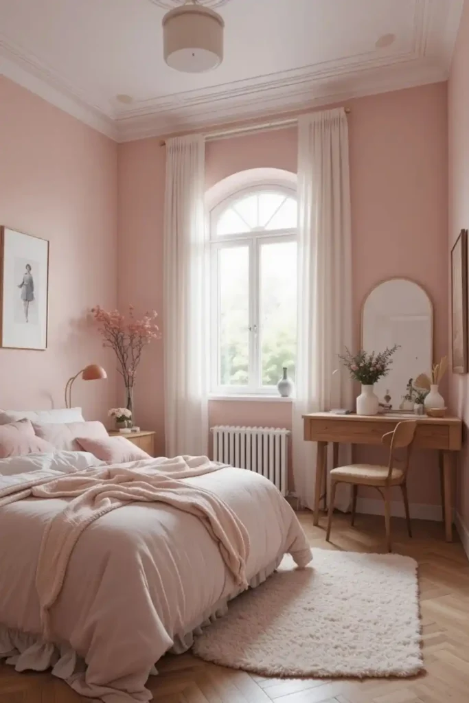 Calm minimalist pink bedroom with clean lines and uncluttered design