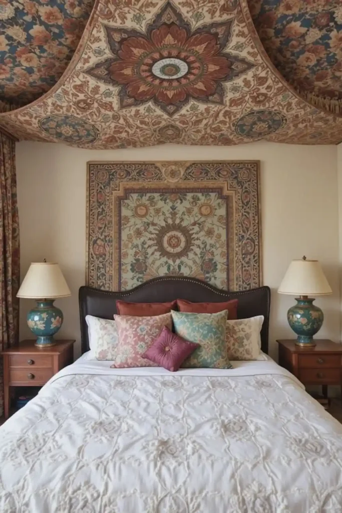 Ceiling tapestry adding boho style to bedroom