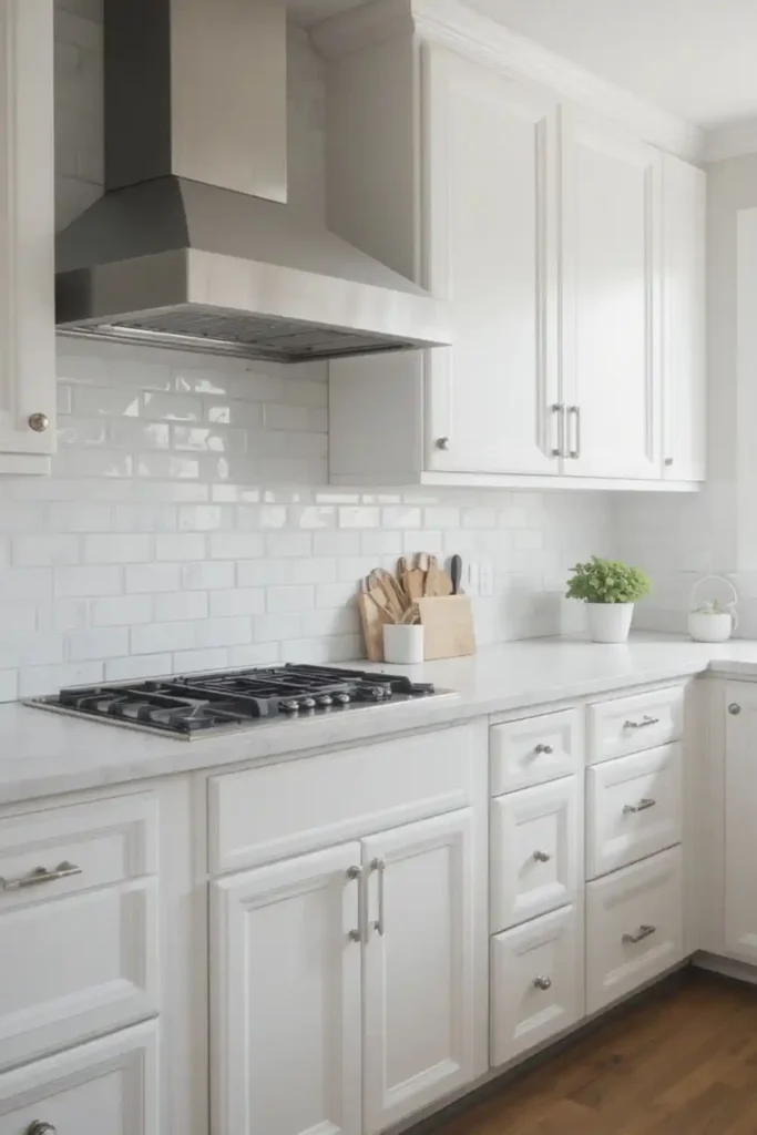 Classic white subway tile backsplash with white cabinets