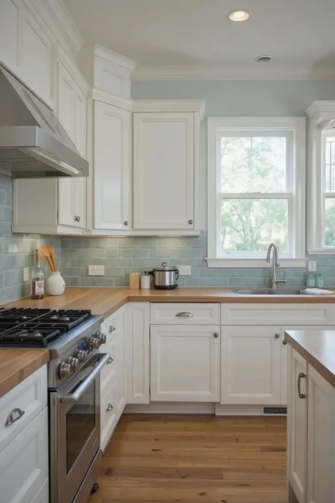 Coastal kitchen with pale blue glass tile backsplash