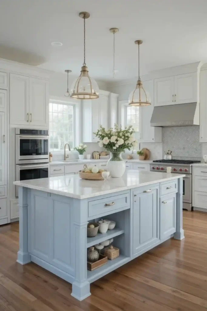 Coastal-style kitchen island with light and airy design