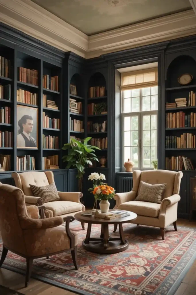 Cohesive design flow in a cozy reading room
