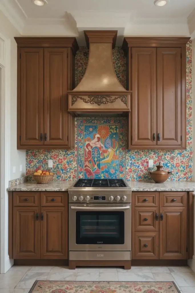Colorful hand-painted tile backsplash with brown cabinets, artistic kitchen.