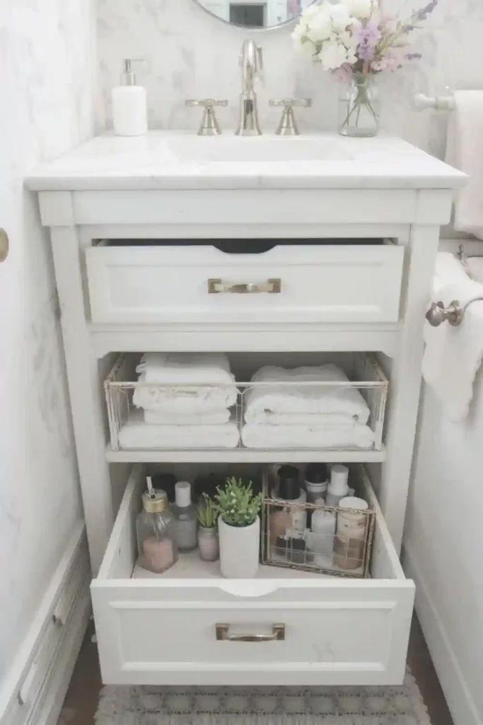 Compact bathroom vanity with drawers storing toiletries neatly.