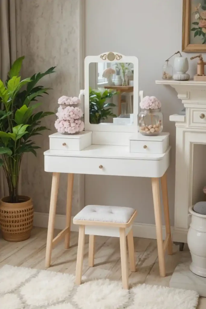 Compact travel-inspired vanity suitable for small or rental bedrooms