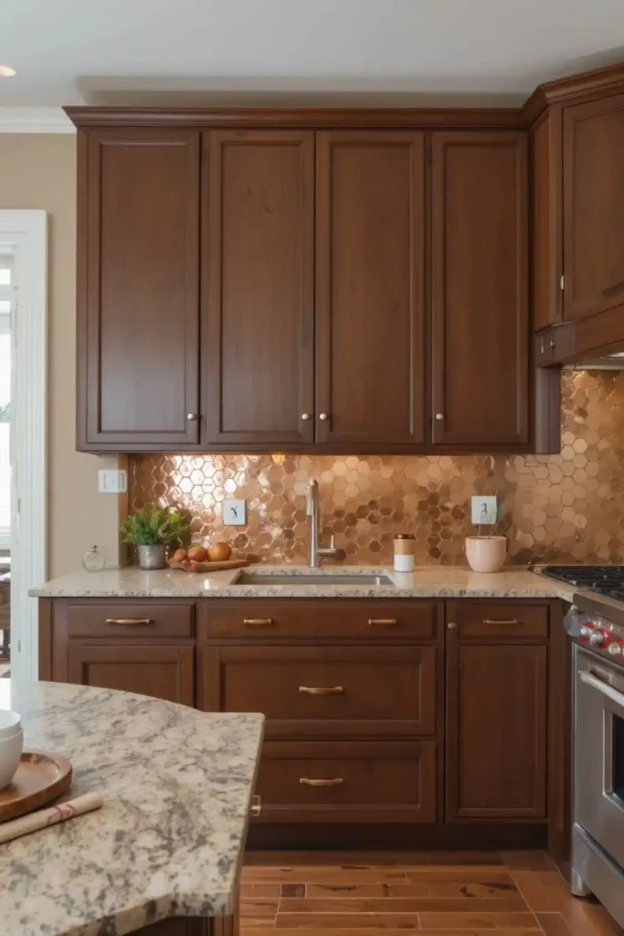 Copper hexagonal backsplash with brown cabinets, modern rustic kitchen.