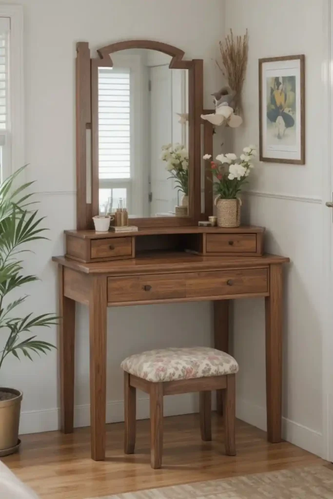 Corner vanity desk efficiently using bedroom space