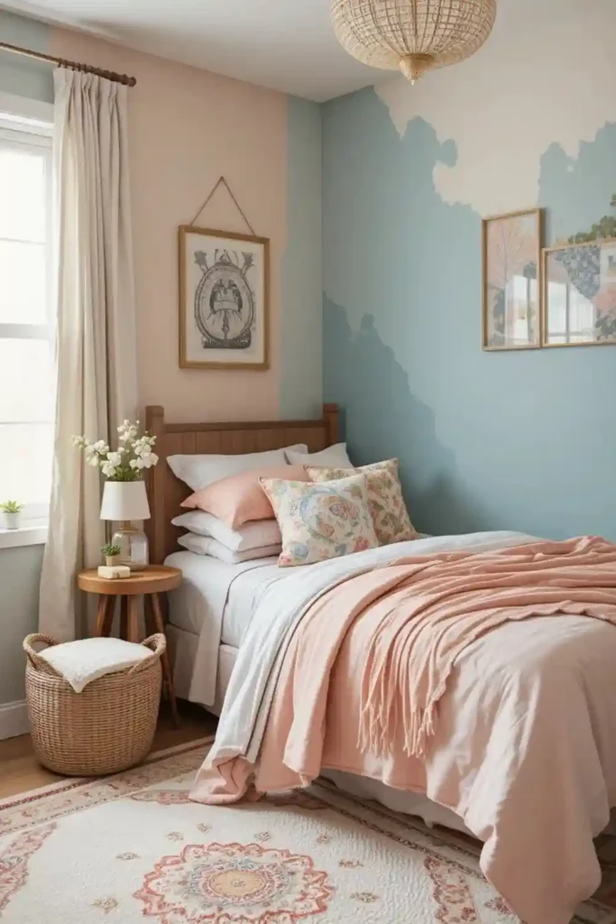 Cozy Teen Girl Bedroom with Accent Wall in Pastel or Earthy Tones
