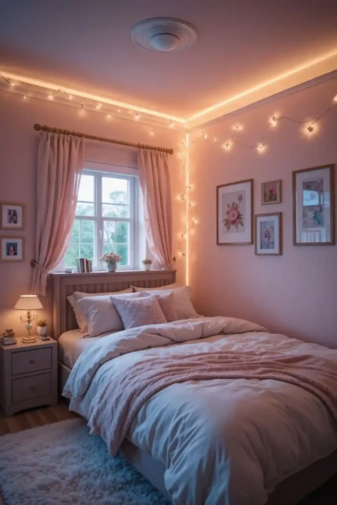 Cozy Teen Girl Bedroom with Ambient Lighting for a Gentle Glow