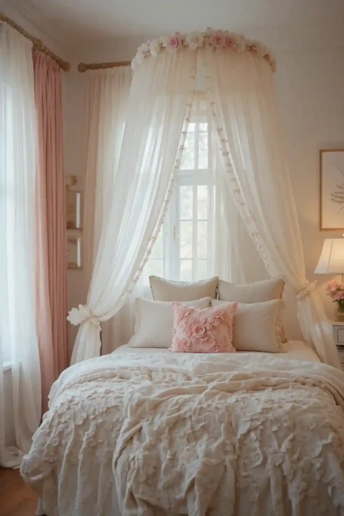 Cozy Teen Girl Bedroom with Canopy or Sheer Curtains Over the Bed
