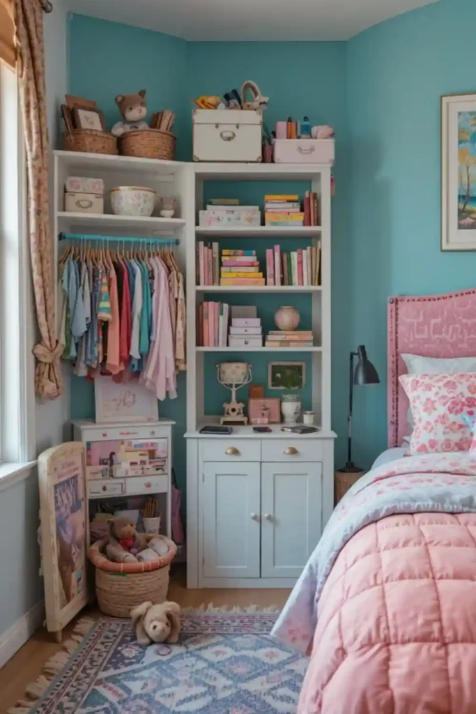 Cozy Teen Girl Bedroom with Color-Coordinated Organization
