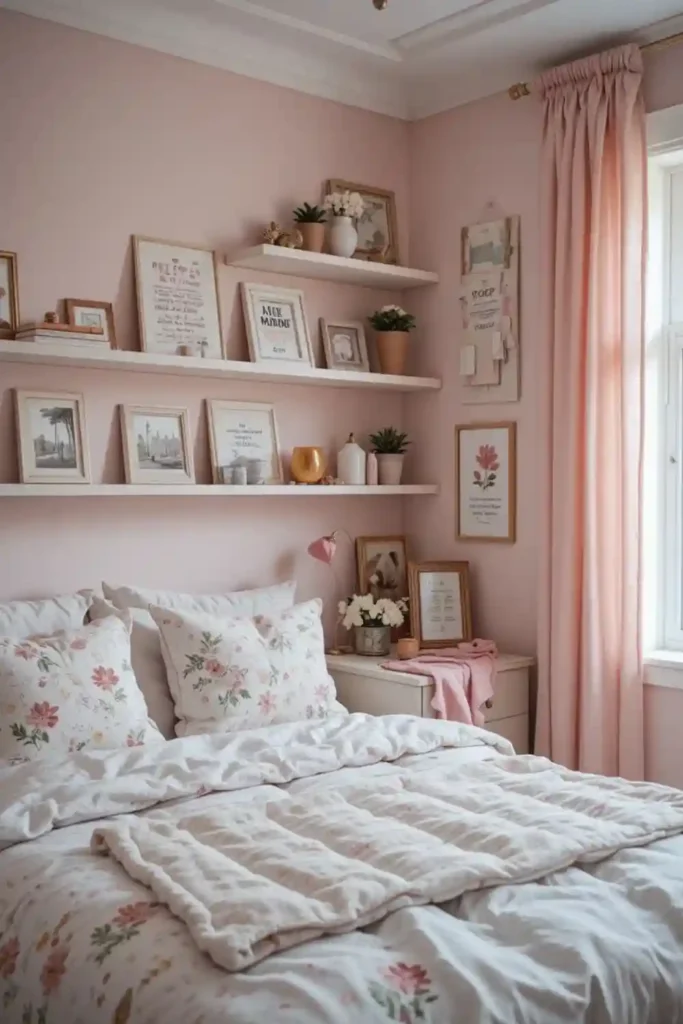 Cozy Teen Girl Bedroom with Floating Shelves for Décor + Storage
