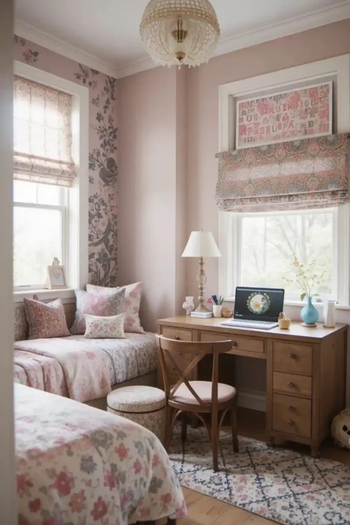 Cozy Teen Girl Bedroom with Functional Study Nook
