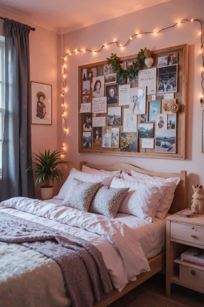 Cozy Teen Girl Bedroom with Mood Board or Vision Board Display
