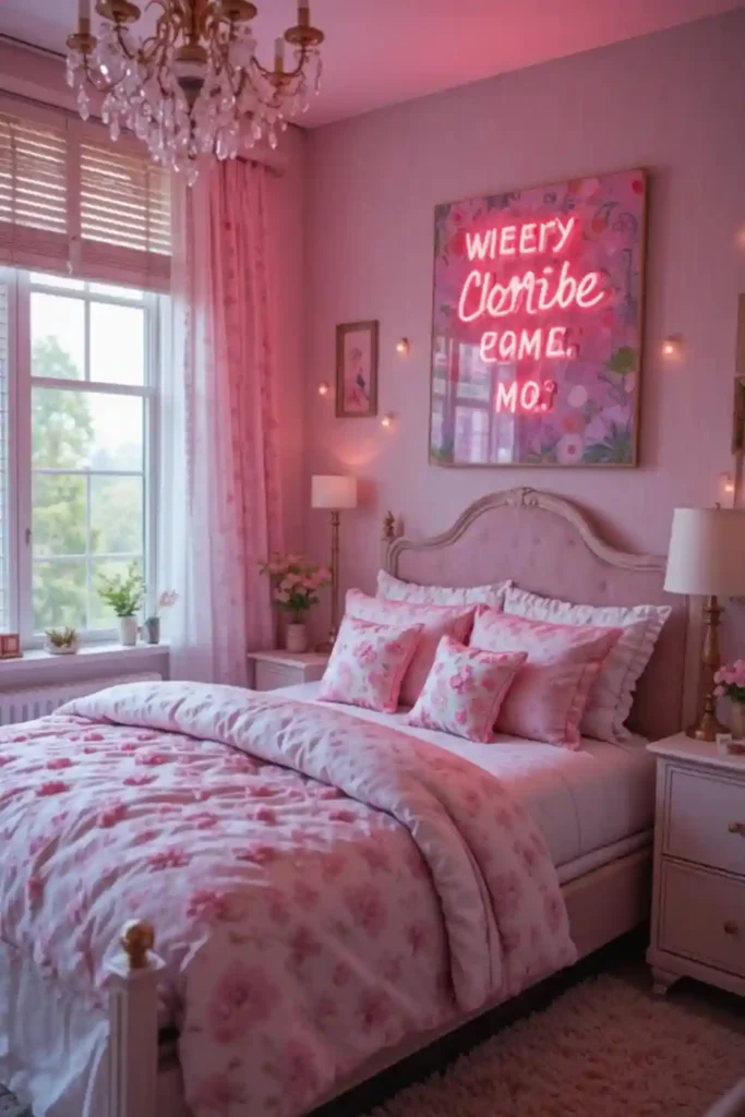 Cozy Teen Girl Bedroom with Personalized LED Signs