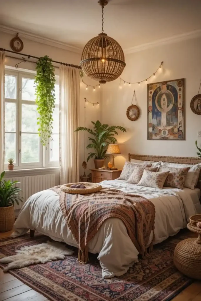 Cozy boho bedroom with layered rugs and hanging plants