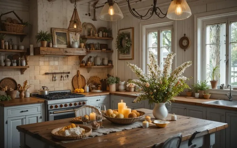 Cozy farmhouse kitchen decor with warm lighting and natural textures.