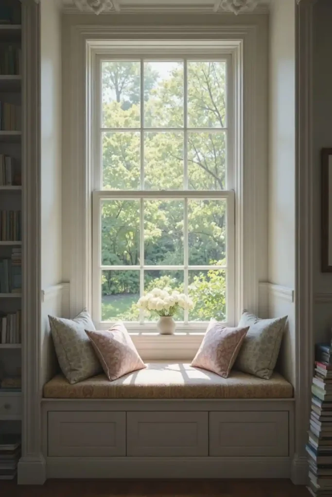 Cozy window seat reading area with natural light