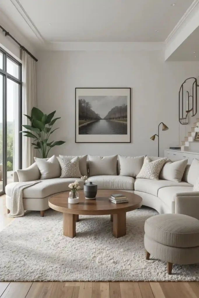 Curved furniture creating cozy living space.