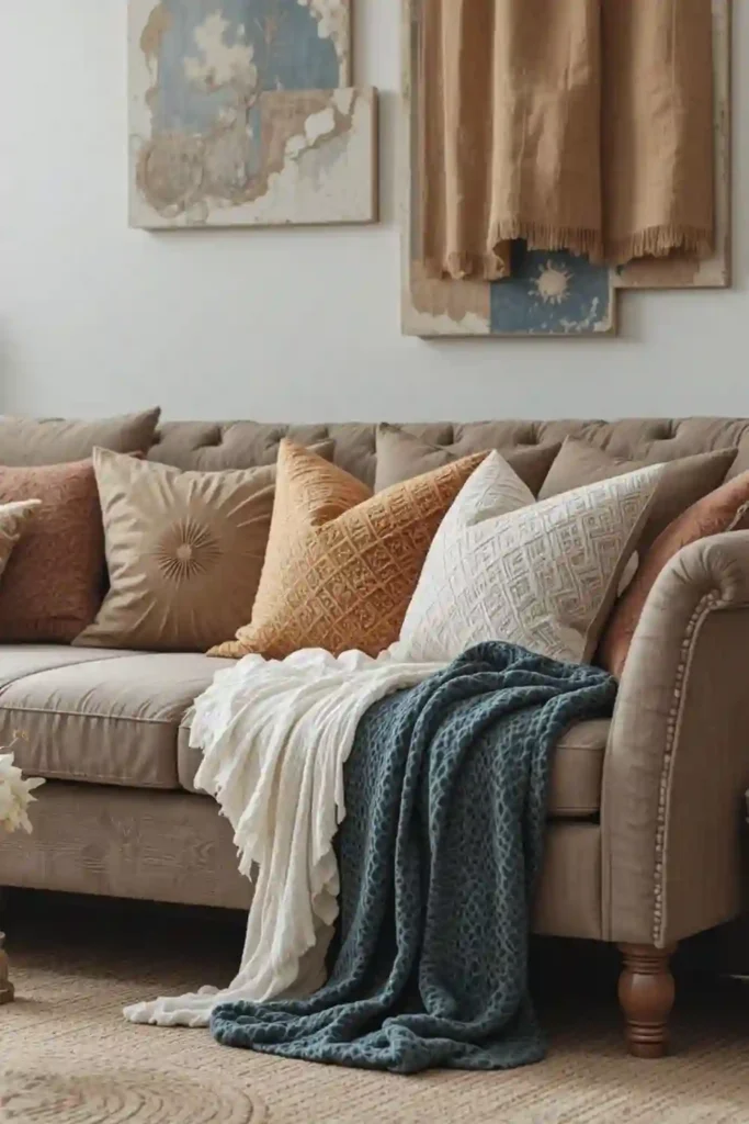 Cushions and blankets on sofa